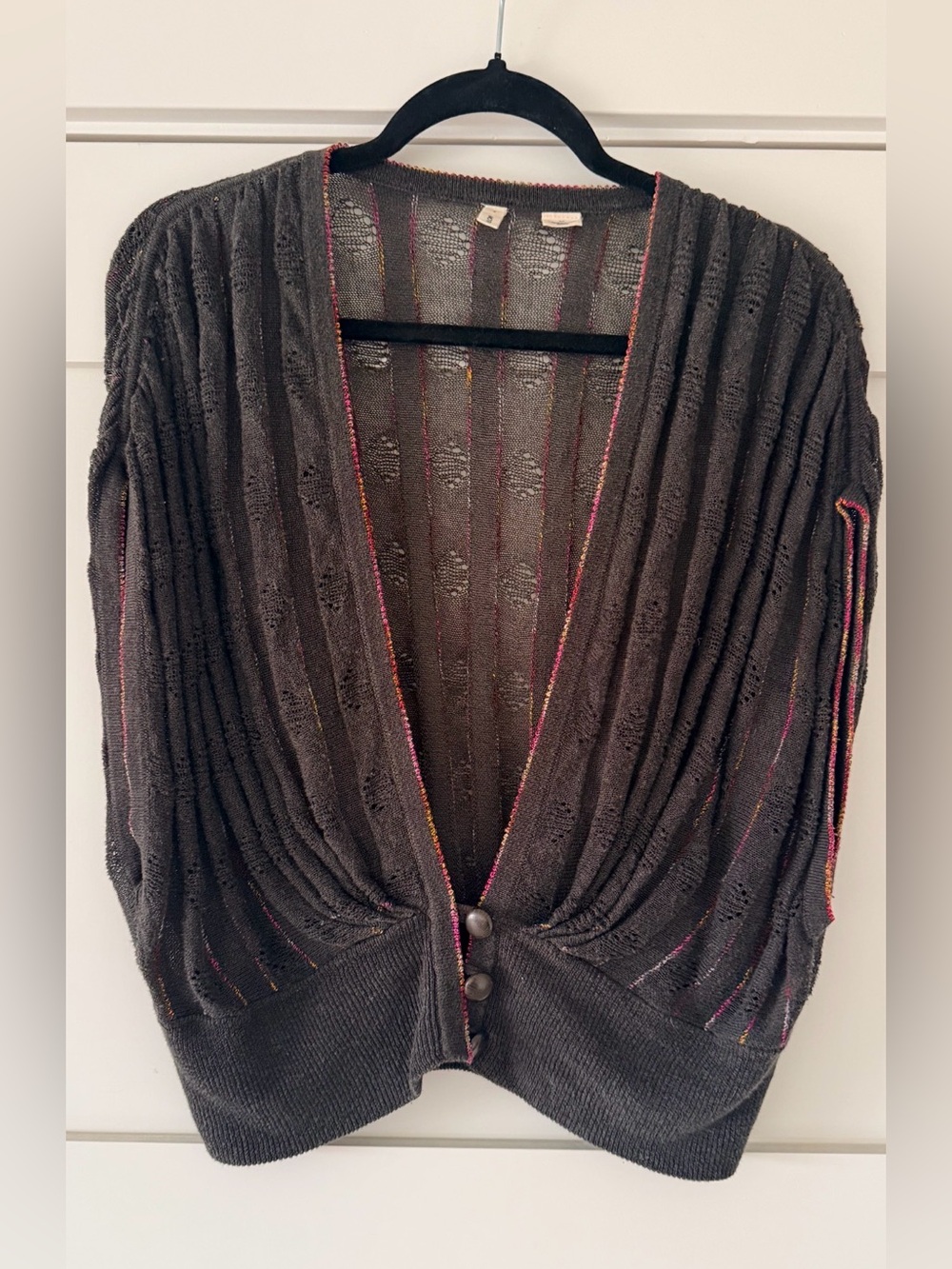Moth Dark Gray Open-Front Cardigan with Multicolor Trim
